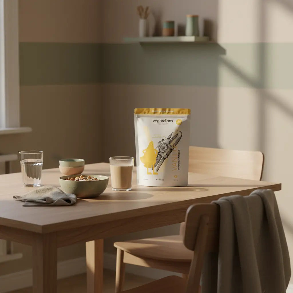 Minimalistische Morgen-Küchenszene mit nachhaltigem Holztisch, Glas Wasser, Müslischale, veganem Shake und dezent platziertem Produkt (Das Produkt aus den Referenzfotos). alkoholfrei abnehmen