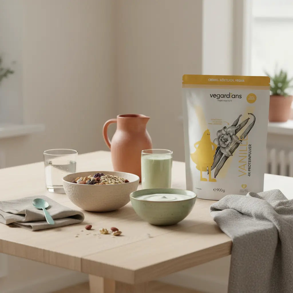 Veganes Protein-Müsli mit pflanzlichem Joghurt und Shake auf nachhaltigem Holztisch im Morgenlicht, ruhige nährende Szene zu Aminosäuren beim Abnehmen