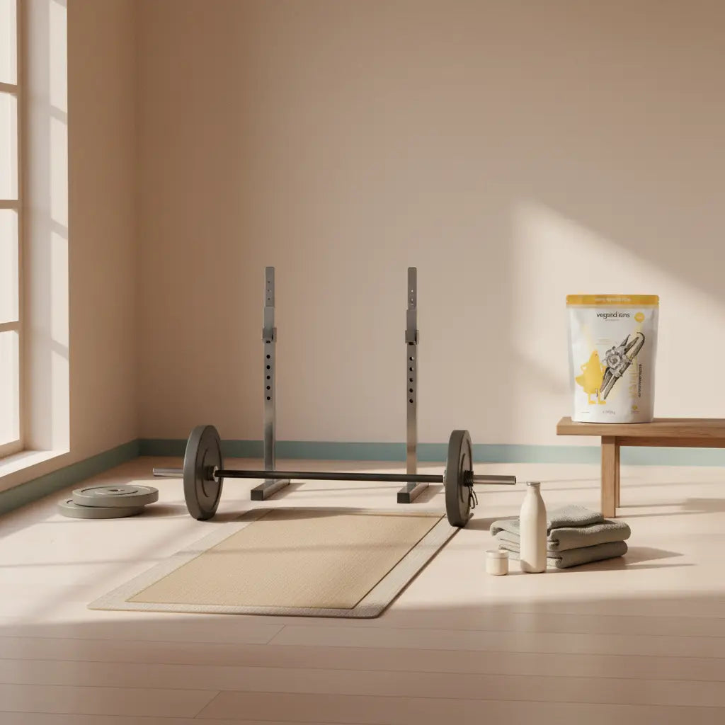 Minimalistische Heim-Fitness-Ecke mit Langhantel, Hantelscheiben und Matte im warmen Morgenlicht – Bild für Anfänger Trainingsplan Gym, ruhige, erdige Vegardians-Ästhetik