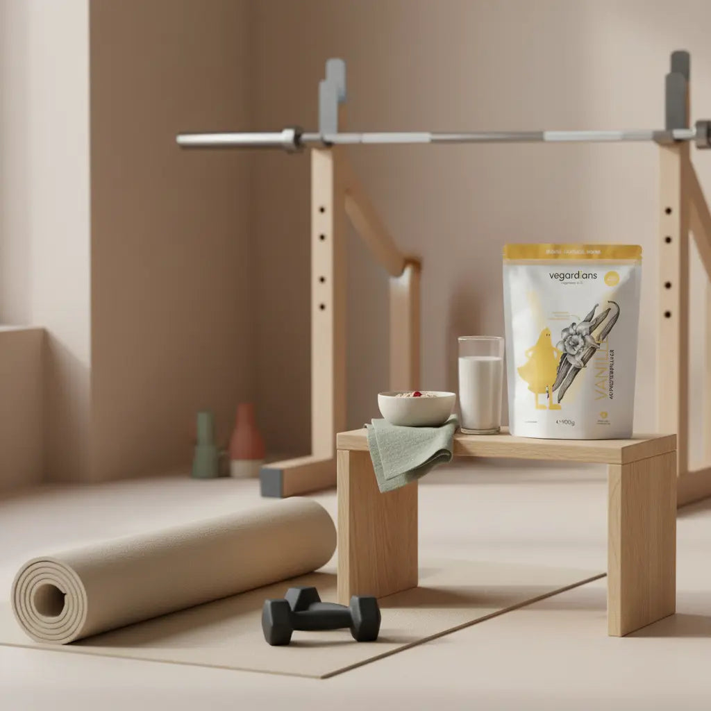 Helle, minimalistische Fitnessstudio-Szene mit Yogamatte, Kurzhanteln, Langhantel-Rack, Haferflocken und Proteinshake – passend für einen Anfänger Trainingsplan