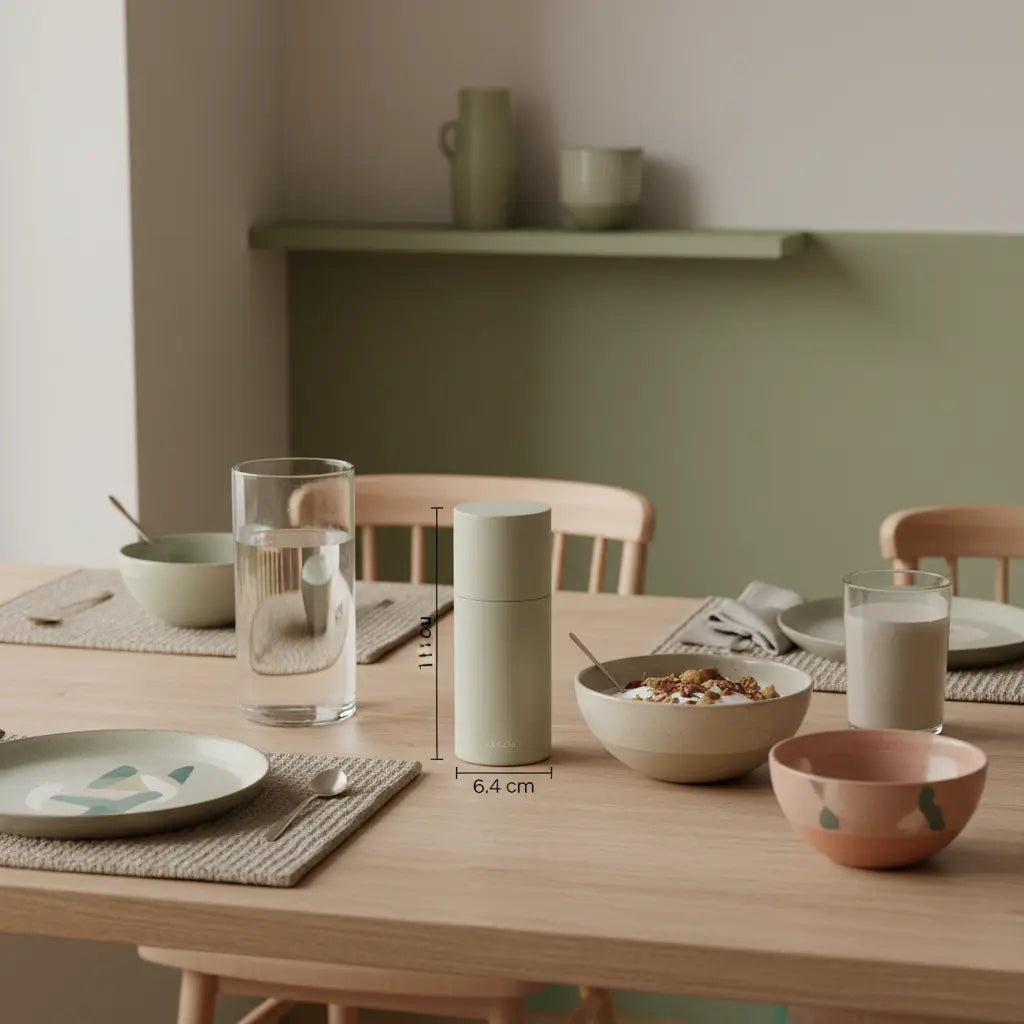 Minimalistisches Morgenfrühstück in europäischer Küche mit Glas Wasser, Schale Müsli, Nüssen, Shake und dem Produkt aus Referenzfotos auf nachhaltigem Tisch – apfelessig im Fokus