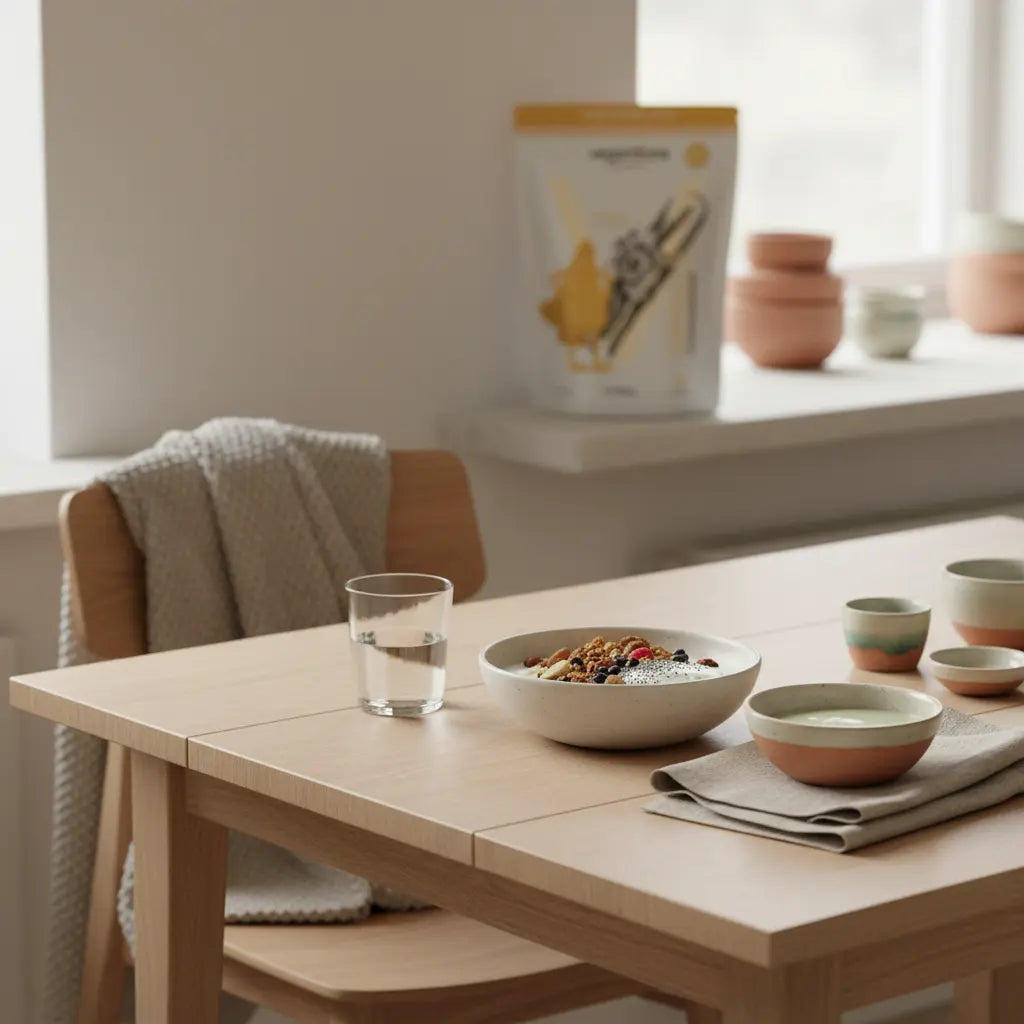 Minimalistische Morgenaufnahme einer europäischen Küche mit veganem Müsli, Glas Wasser und einem dezent platzierten Supplement-Behälter – Thema Artischocke gegen Bauchfett.