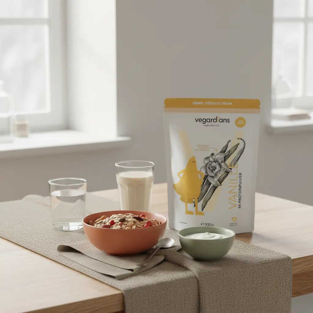 Minimalistische Morgenaufnahme einer europäischen Küche mit nachhaltigem Holztisch, Glas Wasser, Müsli, Joghurt und Shake – Symbol für ausgewogene ernährung im ruhigen Morgenlicht.