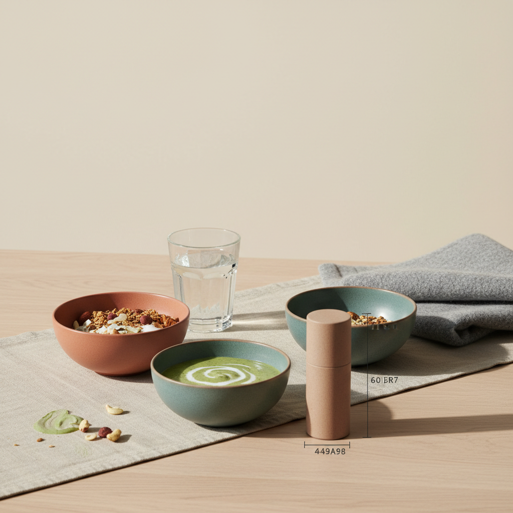 Veganer Frühstückstisch mit Granola, pflanzlichem Joghurt, Nüssen und Shake sowie Banane – Thema Bananen und Eisen, ruhige minimalistische Vegardians-Ästhetik.