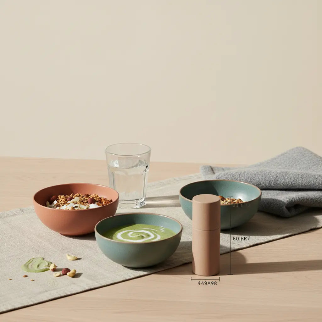 Veganer Frühstückstisch mit Granola, pflanzlichem Joghurt, Nüssen und Shake sowie Banane – Thema Bananen und Eisen, ruhige minimalistische Vegardians-Ästhetik.