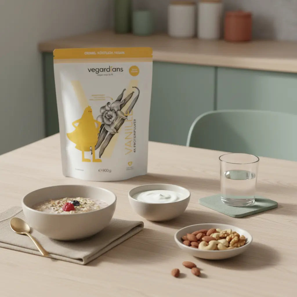 Minimalistische europäische Küchenaufnahme bei Morgenlicht mit veganem Frühstück (Overnight Oats, pflanzlicher Joghurt, Nüsse, Wasserglas) auf nachhaltigem Tisch — basisch frühstücken