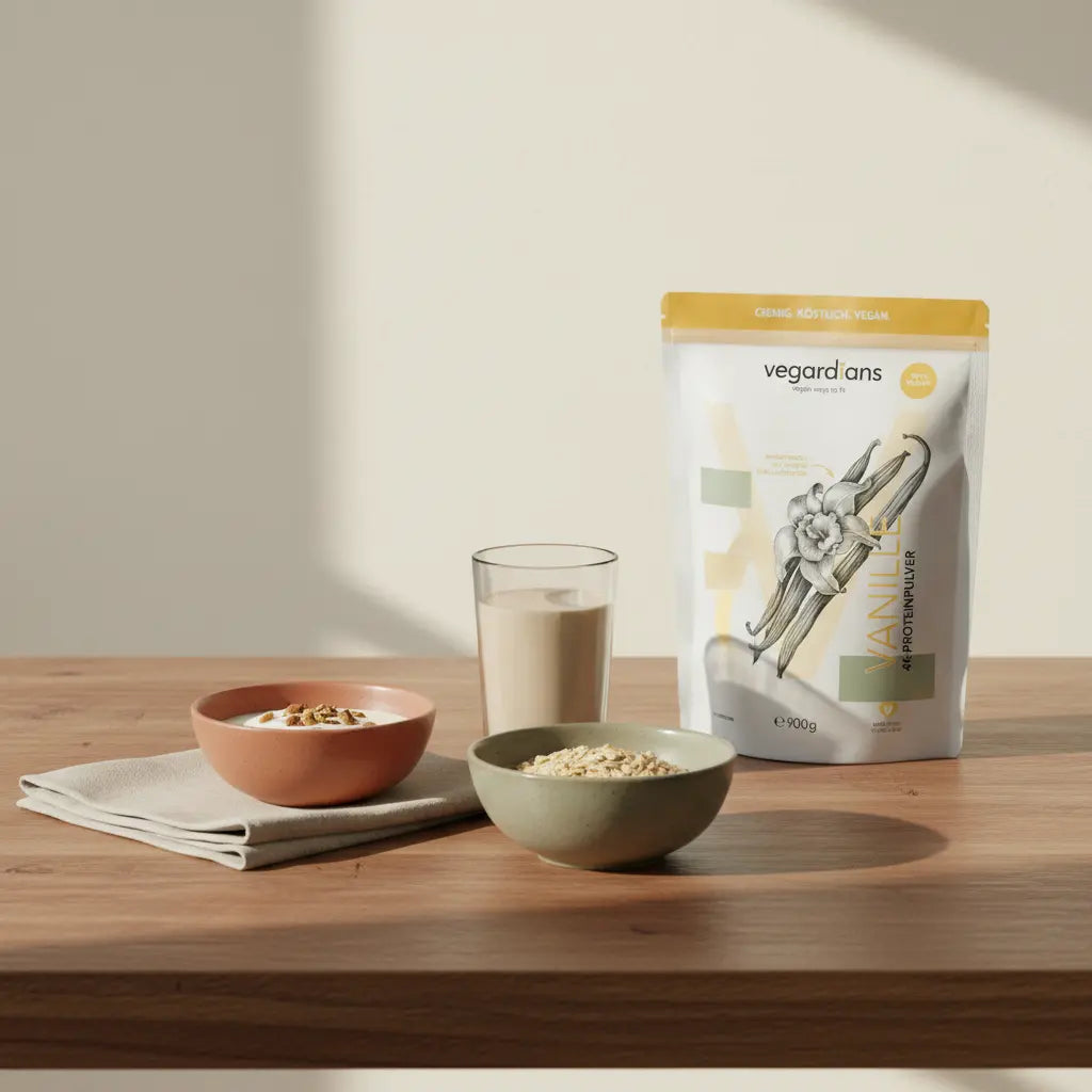 Europäische Küche im Morgenlicht: nachhaltiger Holztisch mit veganem Frühstück (Hafer, Nüsse, pflanzlicher Joghurt, Shake), Keramik und Leinen – Bauchfett reduzieren