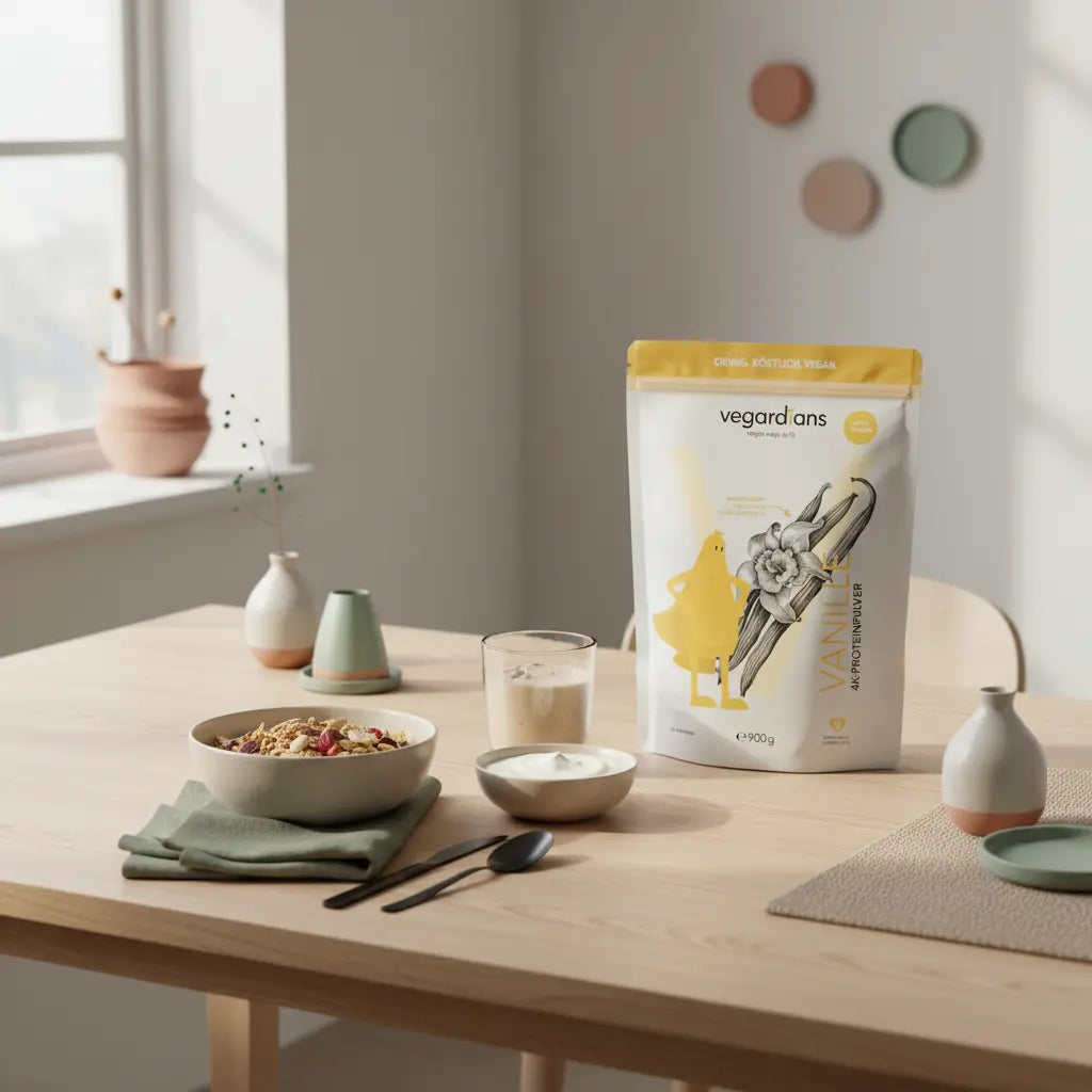 Morgendliche vegane Protein-Mahlzeit auf nachhaltigem Holztisch mit Shake und Das Produkt aus den Referenzfotos – Bauchfett reduzieren Mann