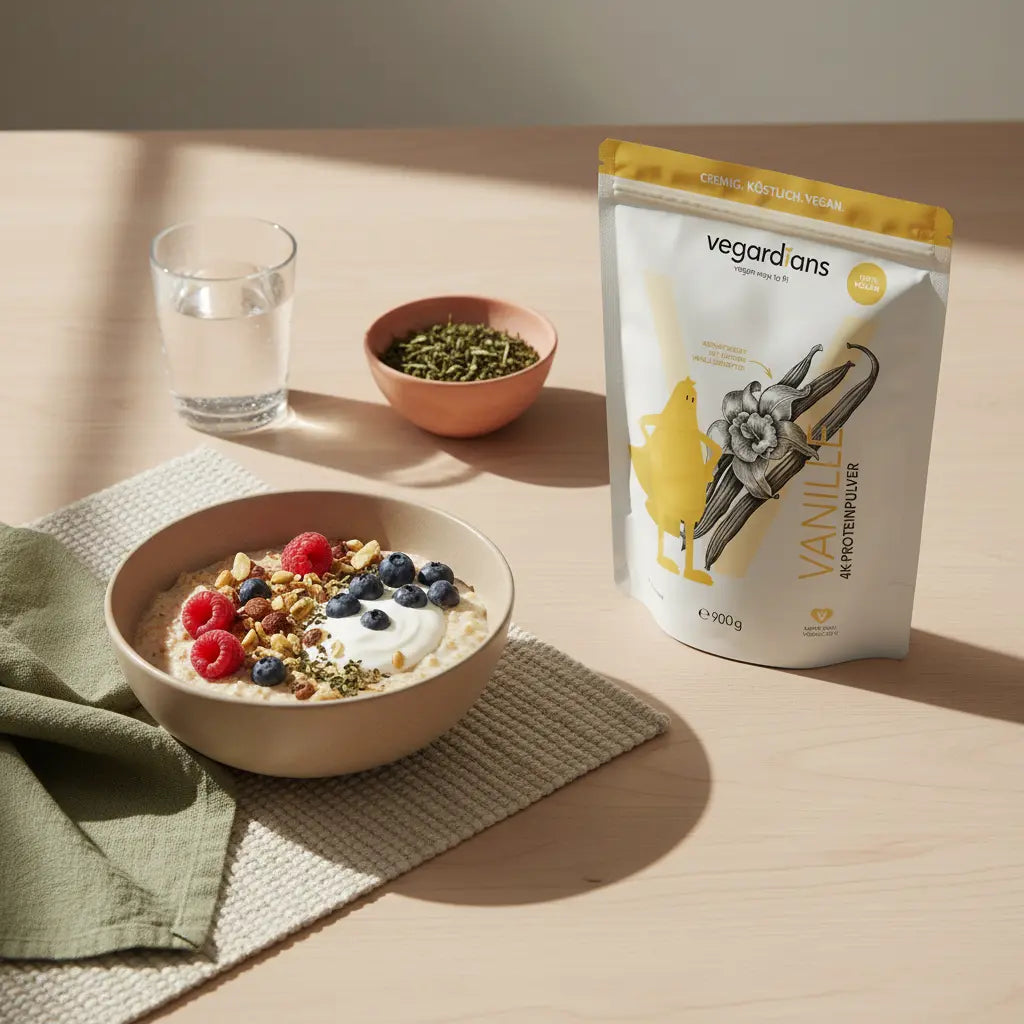 Vegane Morgenmahlzeit auf Holztisch mit Wasserglas, grünem Tee und Produkt aus Referenzfotos – bewusst essen, um bauchfett reduzieren.