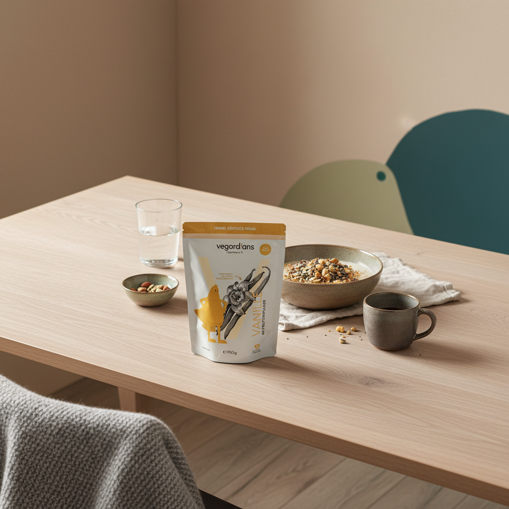 Minimalistisches Morgenfrühstück auf Holztisch mit Haferbrei, Kaffee, Glas Wasser und Vegardians-Produkt – visuelle Unterstützung für Bauchfett schnell verlieren