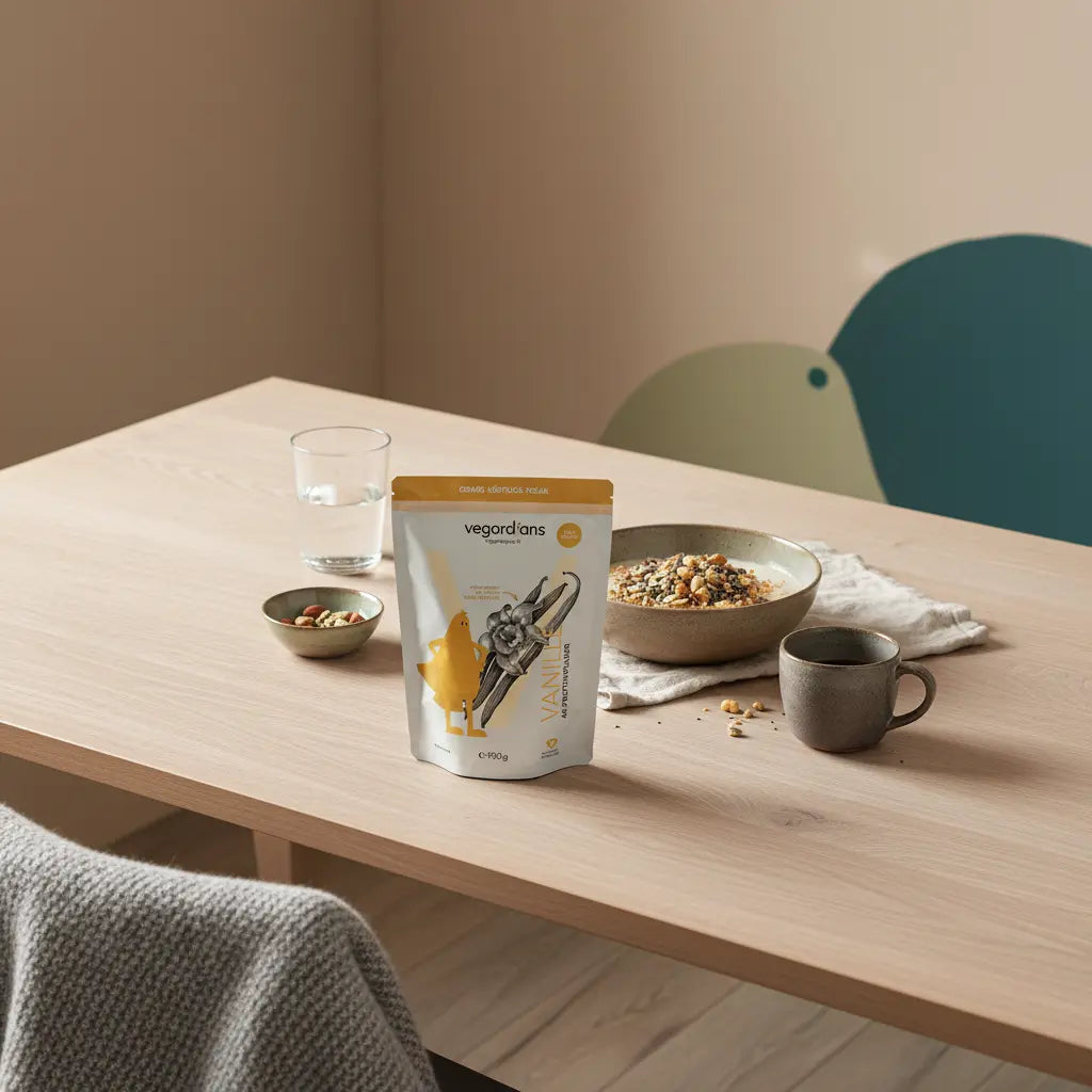 Minimalistisches Morgenfrühstück auf Holztisch mit Haferbrei, Kaffee, Glas Wasser und Vegardians-Produkt – visuelle Unterstützung für Bauchfett schnell verlieren