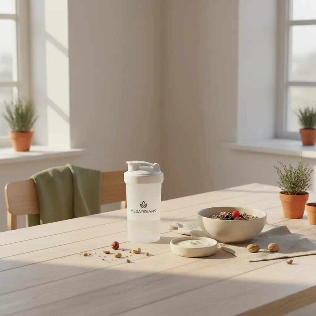 Veganer Frühstückstisch in minimaler europäischer Küche mit Hafer, Nüssen und pflanzlichem Shake auf nachhaltigem Holztisch, bewusst gegen Bauchfett