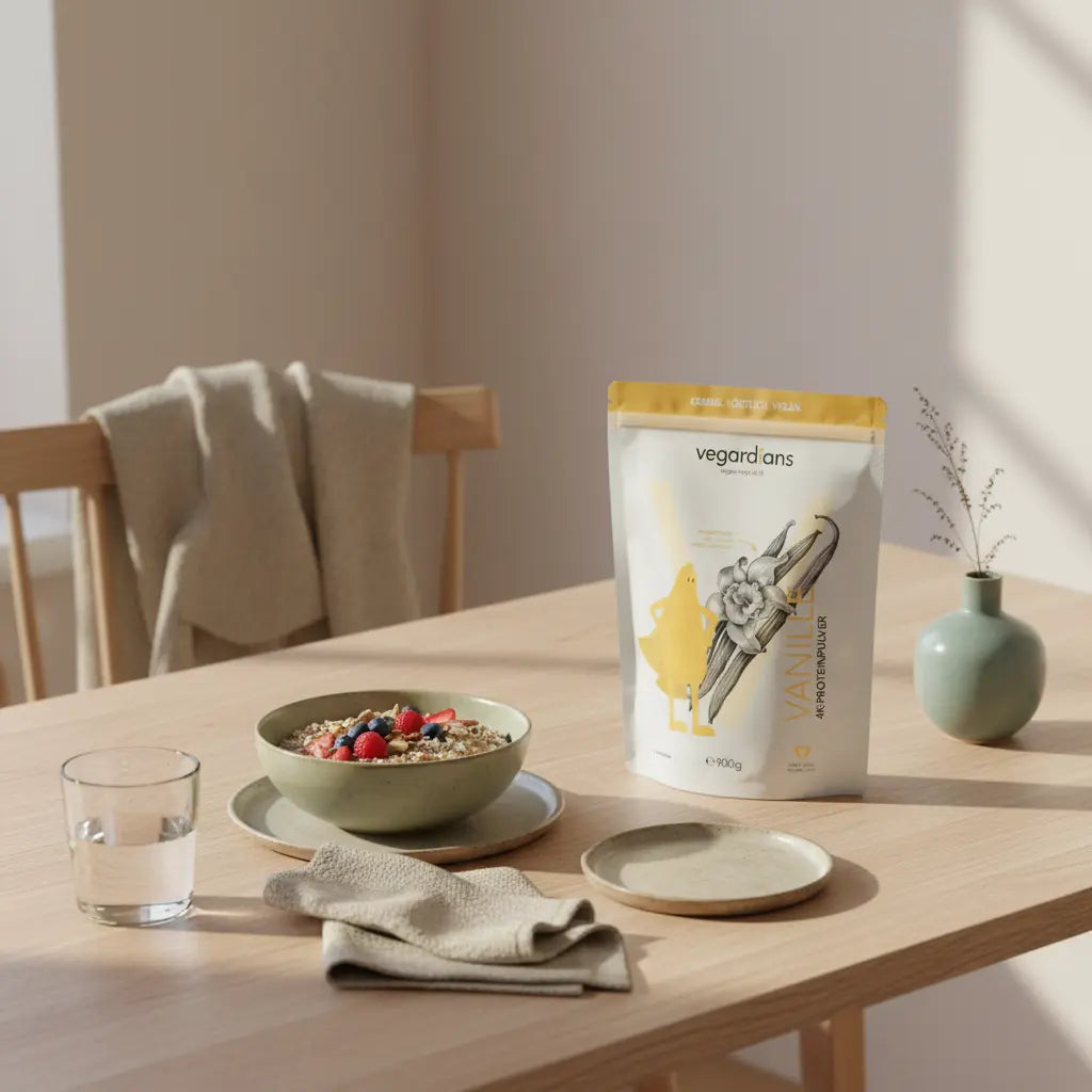 Minimalistische Frühstücksszene auf nachhaltigem Holztisch mit Hafer, Pflanzenprotein, Nüssen und Beeren in ruhigem Morgenlicht – Stimmungsbild zum Thema Bauchfett verlieren.