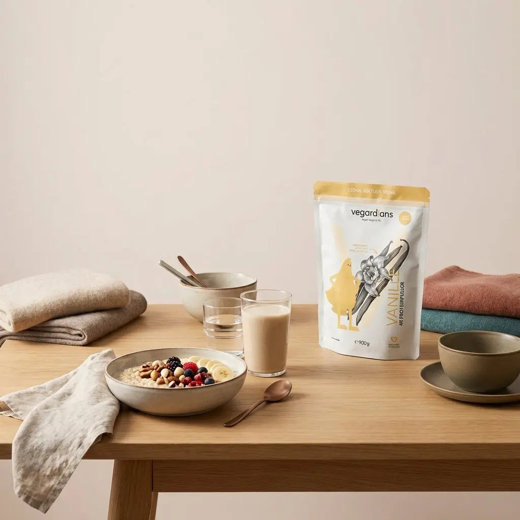 Minimalistisches veganes Frühstück mit Haferbrei, Nüssen, Beeren und Shake auf einem nachhaltigen Holztisch in europäischer Küche – Szene zum Bauchfett verlieren vegan