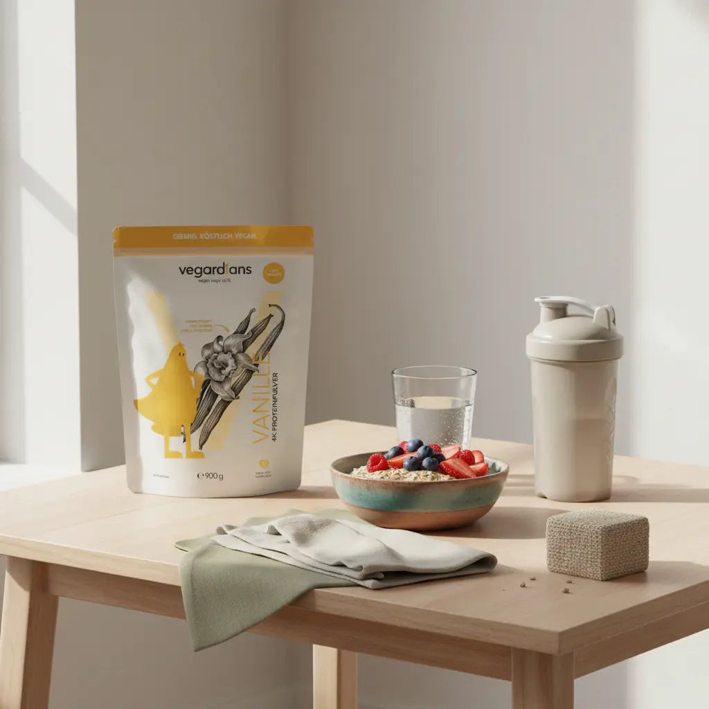 Minimalistisches Morgen-Stillleben mit Haferbrei, Beeren, Wasserglas, neutralem Shaker und Vegardians-Produkt auf nachhaltigem Tisch – erdig, salbeigrün, bauchfett wechseljahre