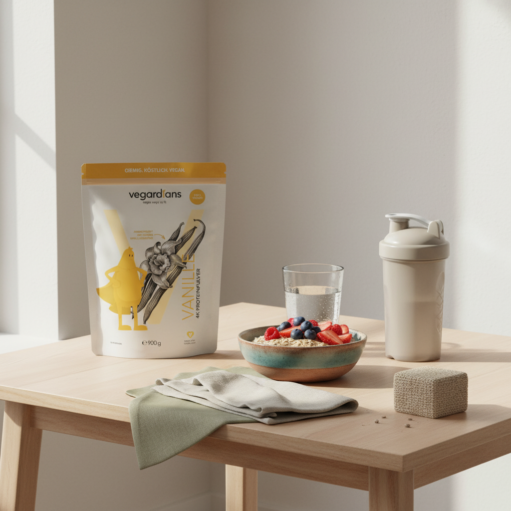 Minimalistisches Morgen-Stillleben mit Haferbrei, Beeren, Wasserglas, neutralem Shaker und Vegardians-Produkt auf nachhaltigem Tisch – erdig, salbeigrün, bauchfett wechseljahre