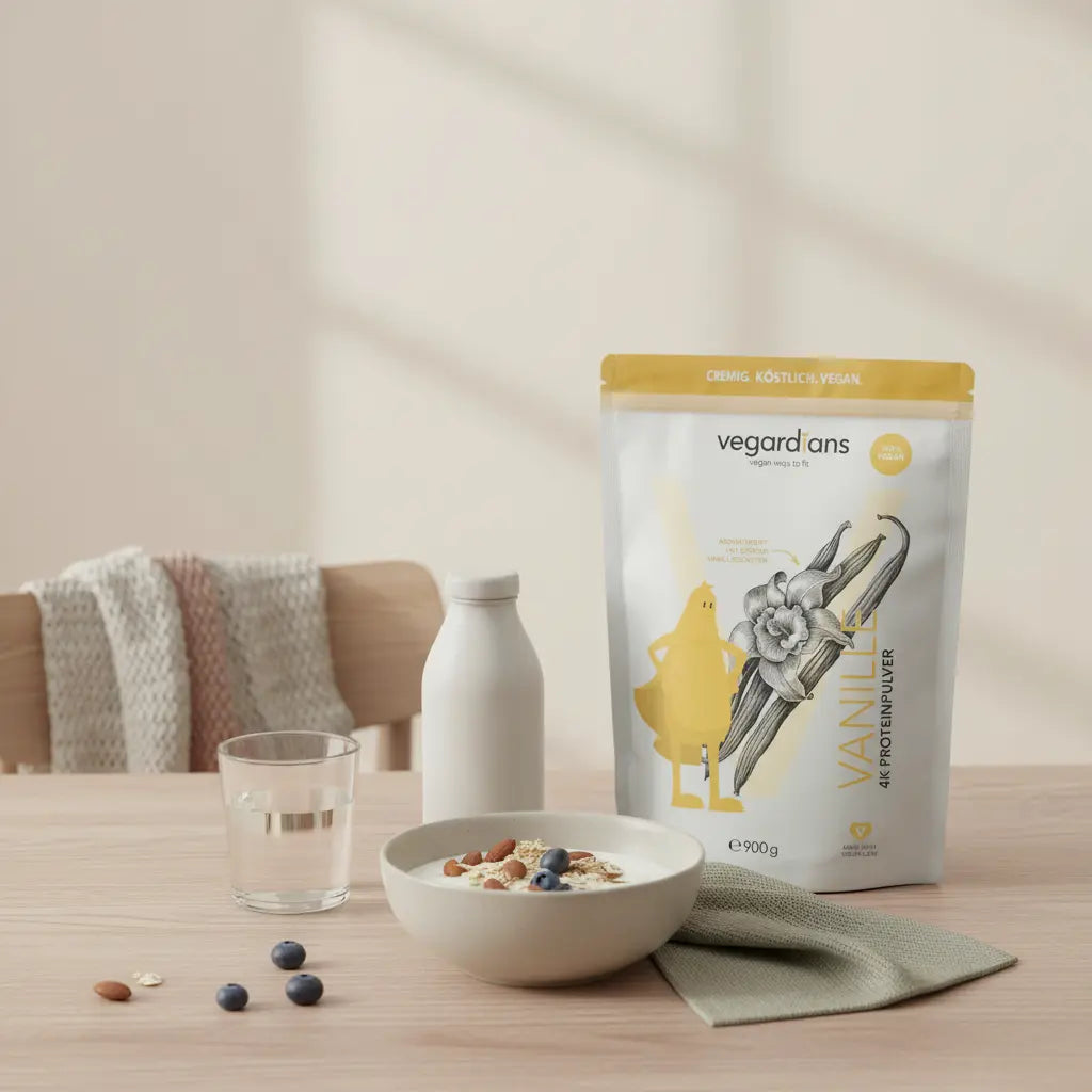 Minimalistische Küchentisch-Szene im Morgenlicht mit Wasserglas, Proteinshake (Produkt aus Referenzfotos) und Hafer-Schale, ruhige nährende Stimmung — Bauchgurt Abnehmen