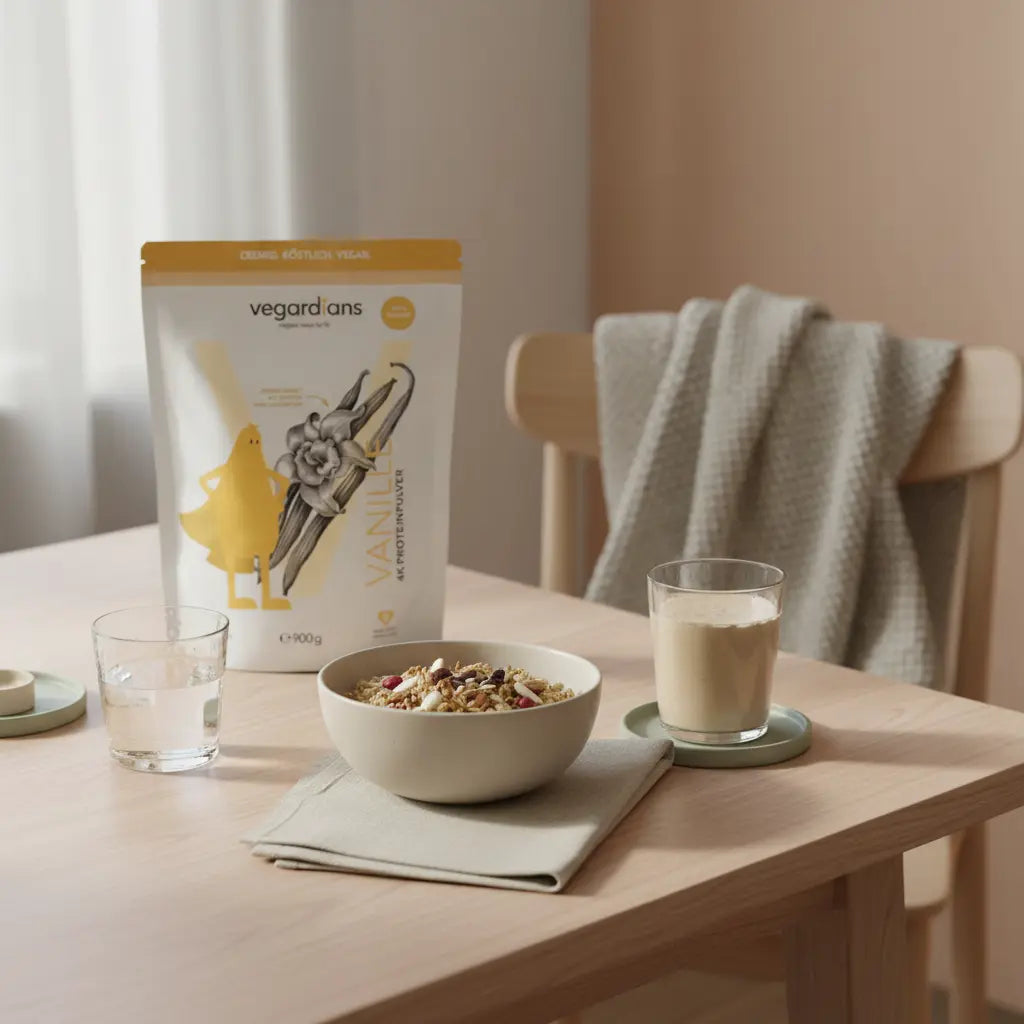 Minimalistische europäische Küchenaufnahme mit Holztisch, Müsli, Glas Wasser, Proteinshake und dem Produkt aus den Referenzfotos für BCAA Muskelaufbau.