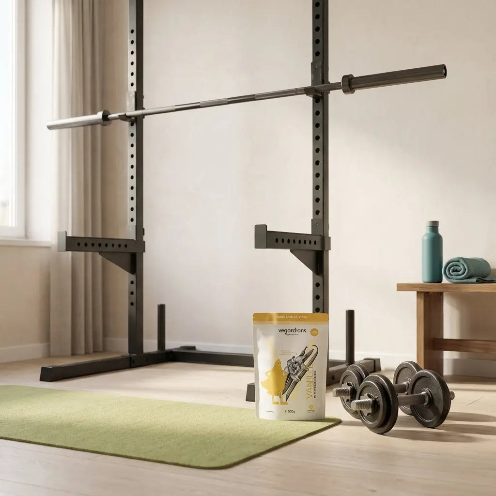 Minimalistische Home‑Gym‑Ecke im Morgenlicht mit Hantelstange, Matte, Kurzhanteln und verschlossener Vegardians‑Dose für beine po trainingshäufigkeit