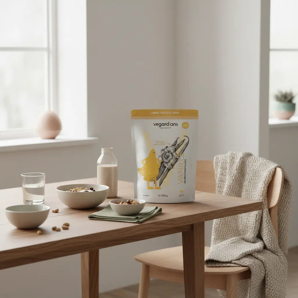 Minimalistisches veganes Protein-Frühstück auf nachhaltigem Tisch in sanftem Morgenlicht mit Glas Wasser, Keramikschalen und dezenter Produktplatzierung – Beinfett verlieren