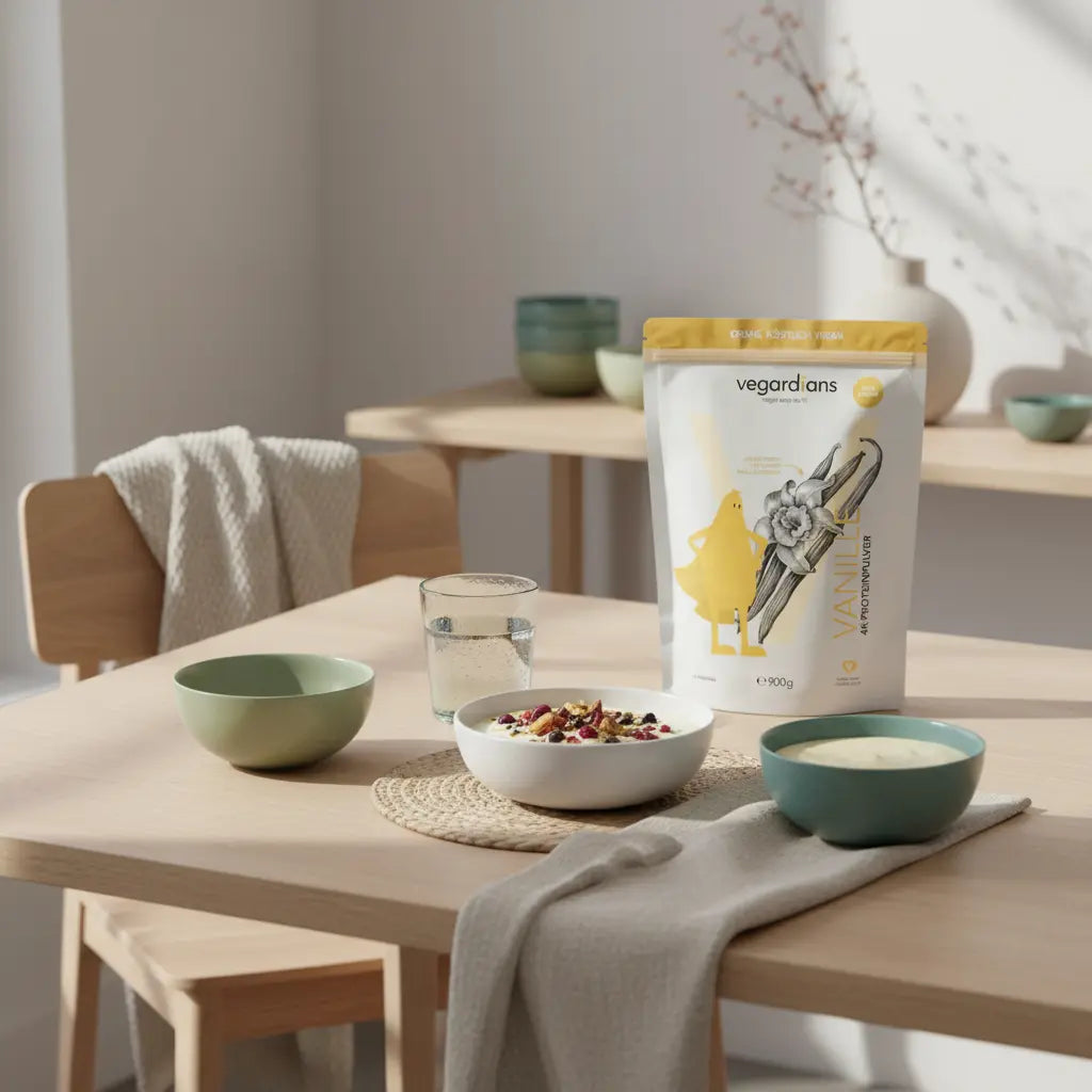 Veganer Frühstückstisch in europäischer Küche mit Müsli, Nüssen, Proteinshake und Glas Wasser im sanften Morgenlicht — beste rückenübungen für muskeln