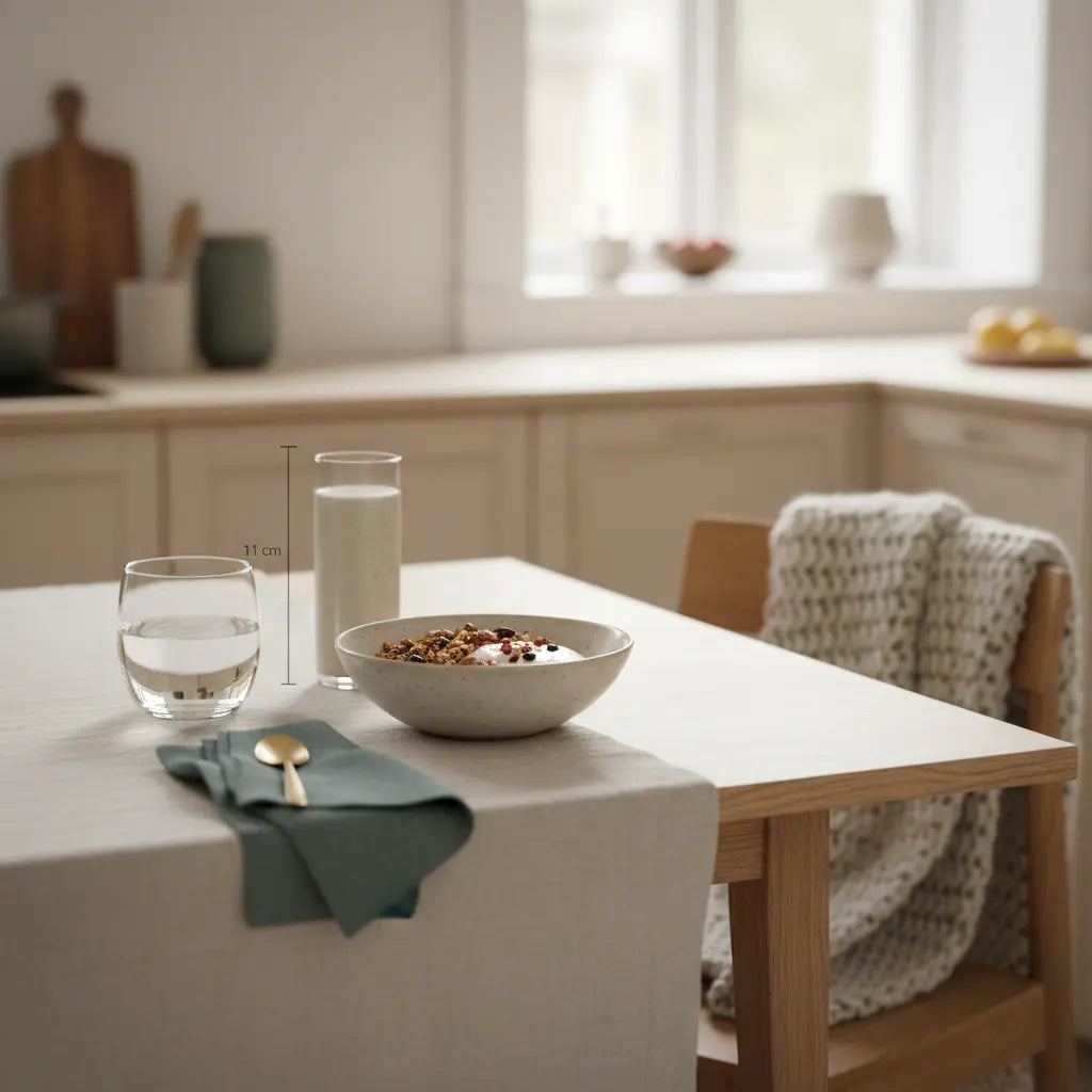 Veganer Frühstückstisch im Morgenlicht mit Granola, pflanzlichem Joghurt, Nüssen und Shake auf nachhaltigem Geschirr – beste Tageszeit zum Muskelaufbau.