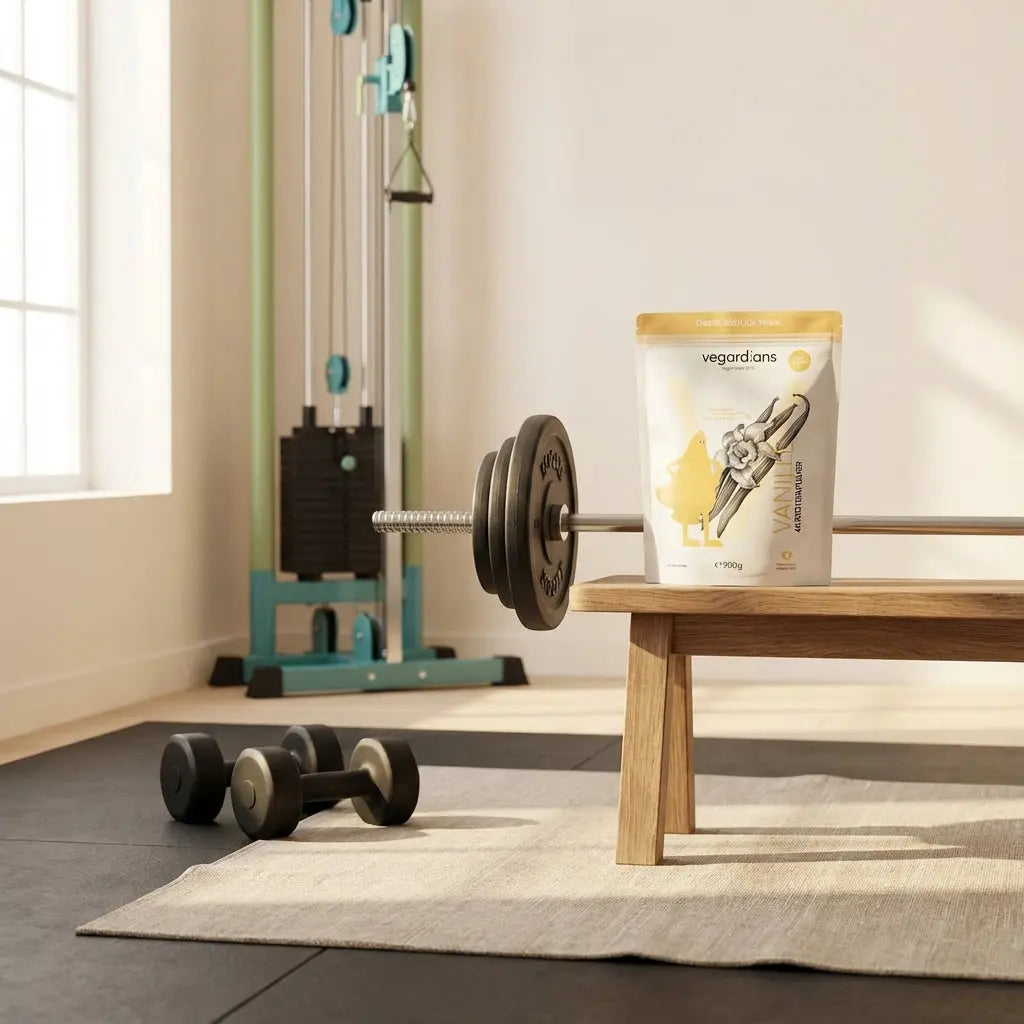 beste Übung für die Brust: ruhige Gym‑Ecke mit Langhantel auf Bank, zwei Kurzhanteln und Kabelzug im warmen Morgenlicht, minimalistisches Design.