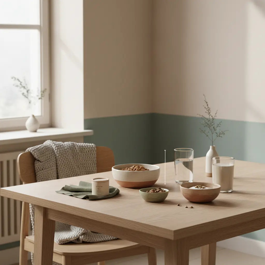 Minimalistische Frühstücksszene mit Granola, pflanzlichem Joghurt, Shake und nachhaltigen Wintertexturen – visuell angepasst an bestes abnehmprogramm 2025