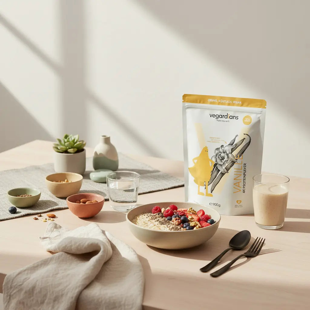 Vegane Frühstücksbowl mit Hafer, Nüssen und Beeren, Glas Wasser und Shake auf nachhaltigem Holztisch in ruhigem Morgenlicht – bestes eiweiß zum abnehmen