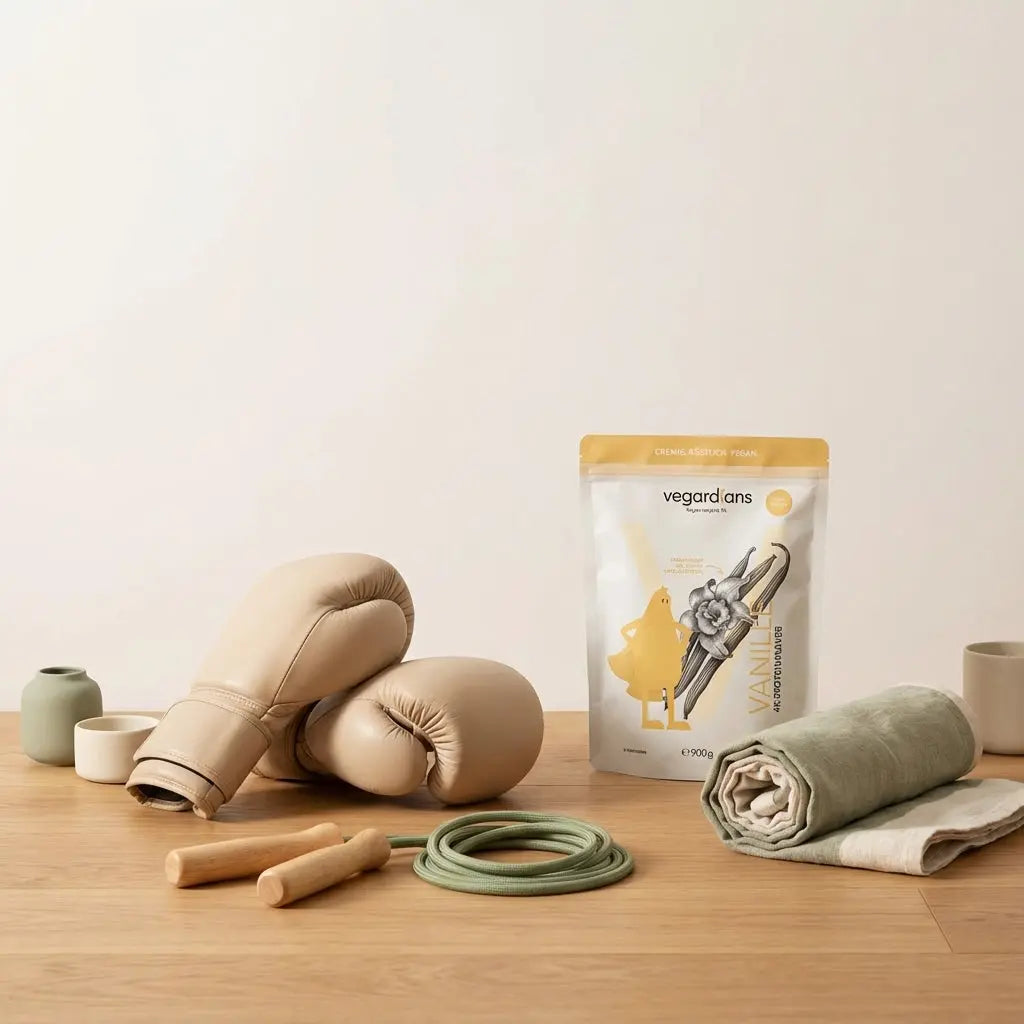 Minimalistische Trainingsszene mit Boxhandschuhen, Springseil und Handtuch auf Holzboden im Morgenlicht – Boxtraining-Equipment in ruhiger Vegardians-Ästhetik.