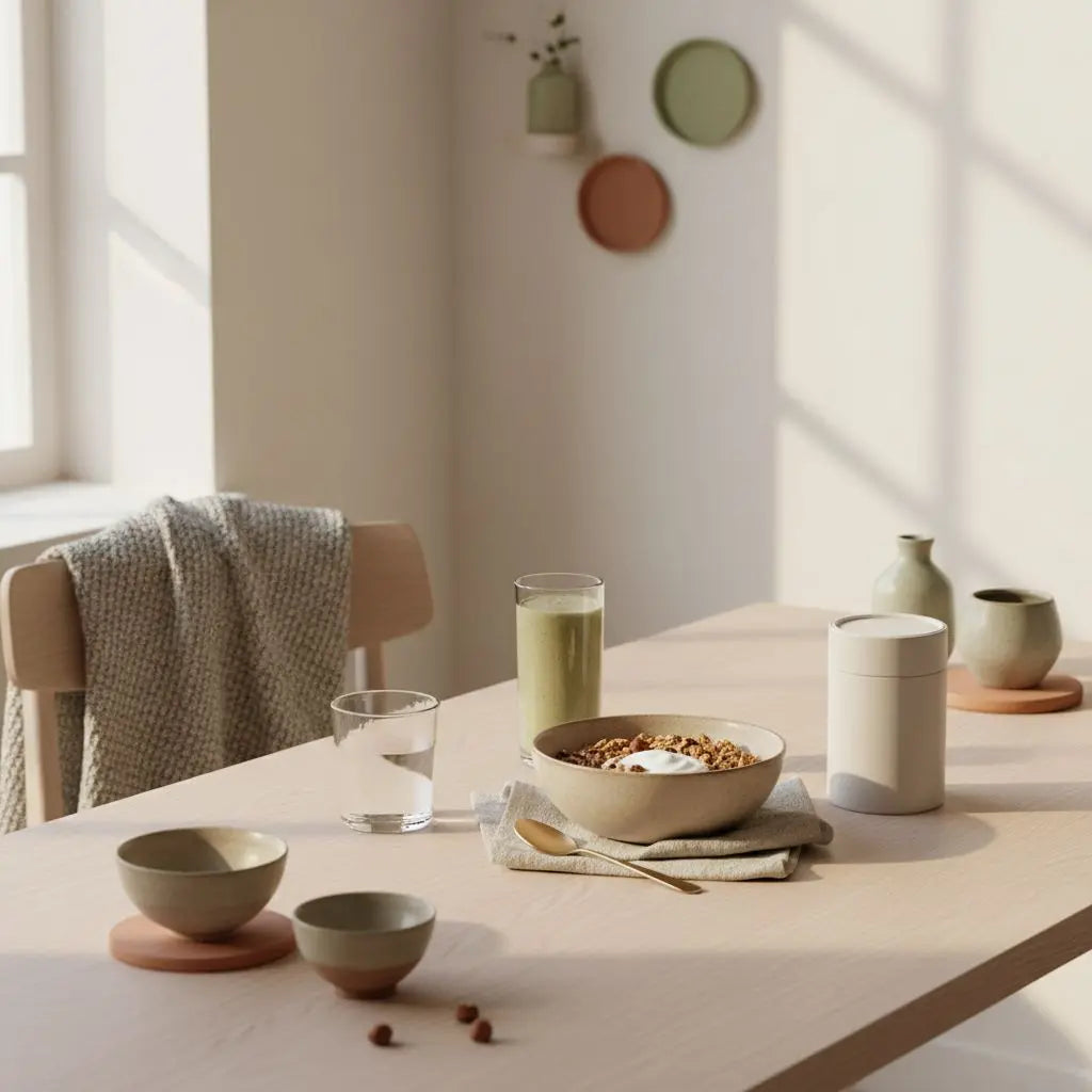 Brauchen Veganer Proteinpulver? Ruhiges Full-Frame-Frühstück mit Granola, Joghurt, Nüssen und Shake in einer europäischen Küche im sanften Morgenlicht.