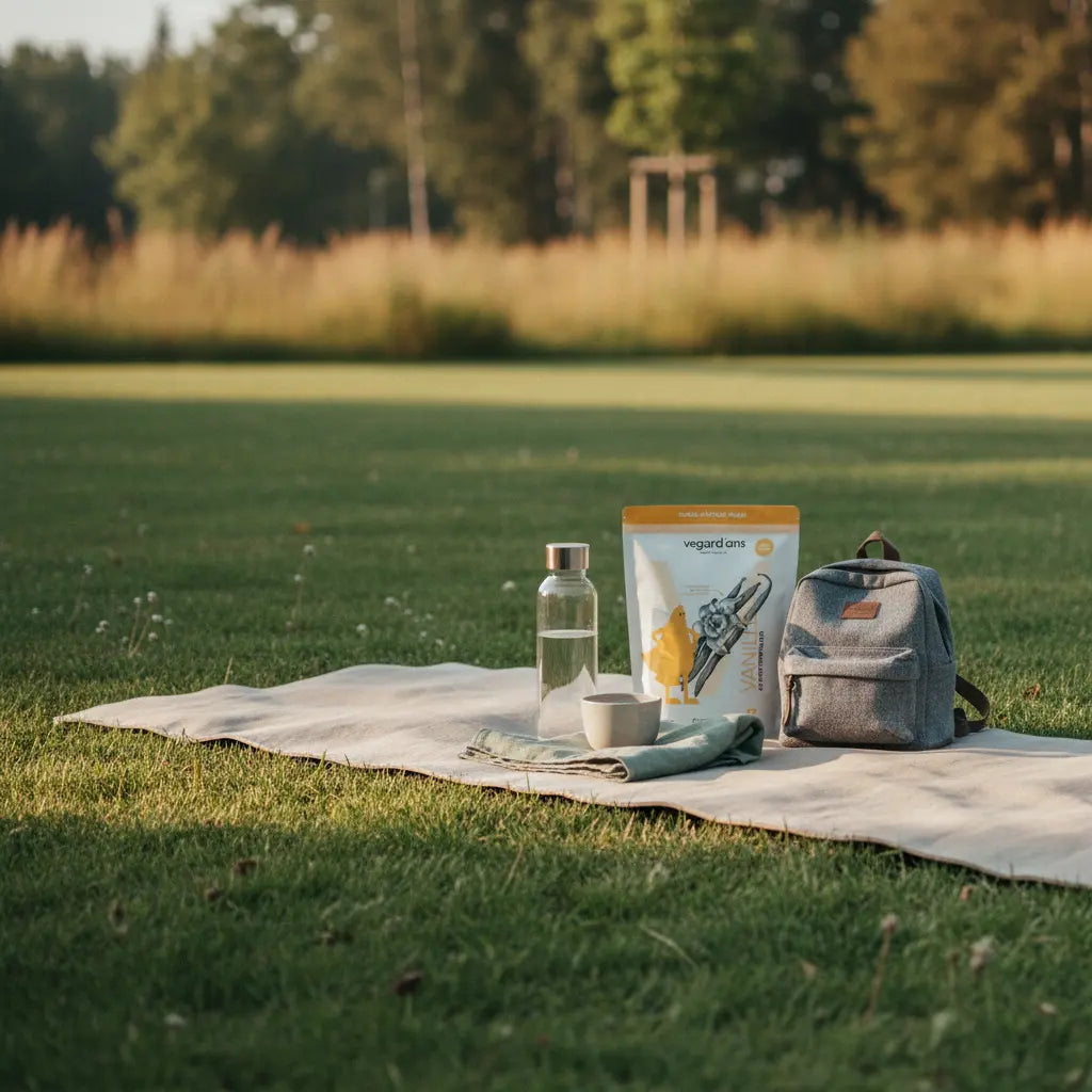 Minimalistische Outdoor‑Morgenszene mit Yogamatte, Wasserflasche, kleinem Rucksack und dem Produkt aus den Referenzfotos, ruhige Farben und Fokus – calisthenics trainingsplan für anfänger
