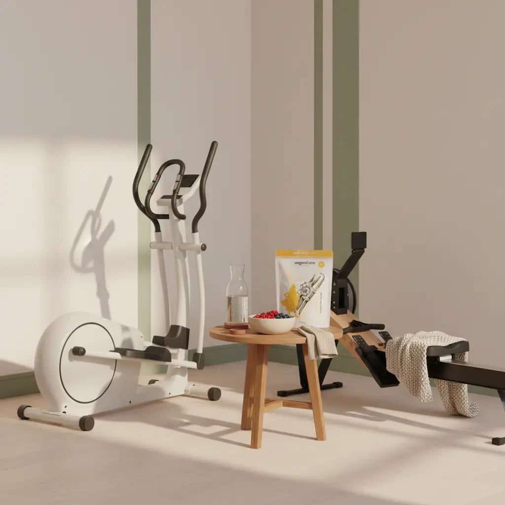 Cardio im Fitnessstudio: ruhige Studio-Ecke mit Crosstrainer, Rudergerät, Holztisch, Glasflasche Wasser und Schale Haferflocken mit Beeren im Morgenlicht