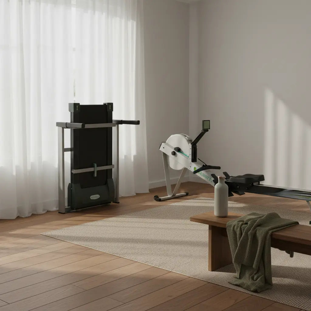 Heller, minimalistischer Wohnraum mit klappbarem Laufband und Rudergerät in natürlichem Morgenlicht – perfektes Cardiogerät zuhause, ruhige, aufgeräumte Atmosphäre.
