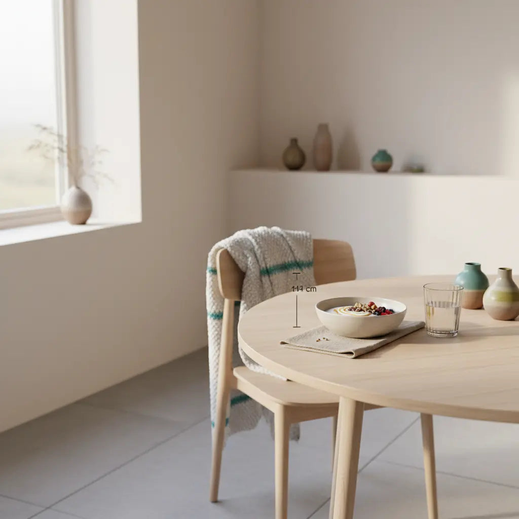 Minimalistische Morgenaufnahme einer veganen Frühstücksschale auf nachhaltigem Holztisch mit Glas Wasser und winterlichen Texturen, idealer Kontext für einen Crash‑Diät‑Artikel