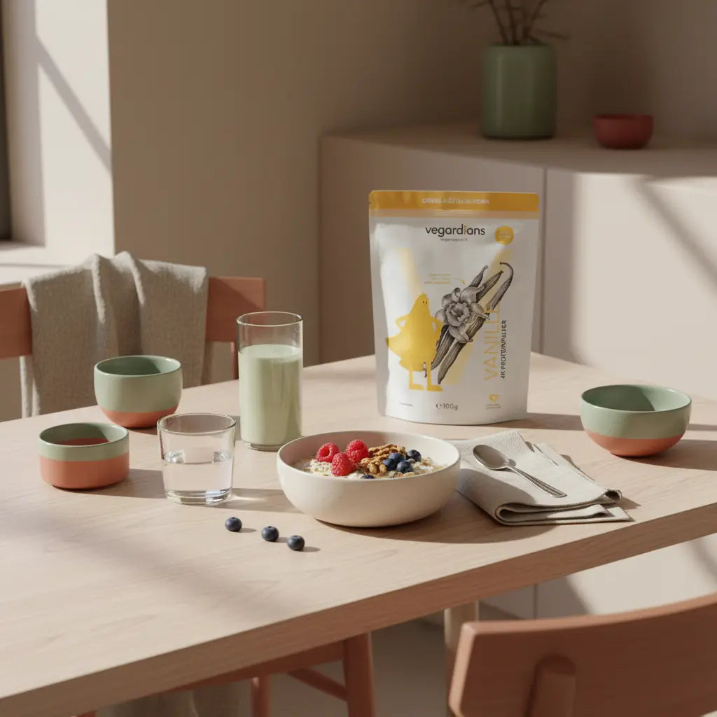 Minimalistische Frühstücksszene mit Haferflocken, Beeren, Nüssen, grünem Proteinshake und dem Produkt aus Referenzfotos auf Holztisch – Darmentleerung abnehmen.