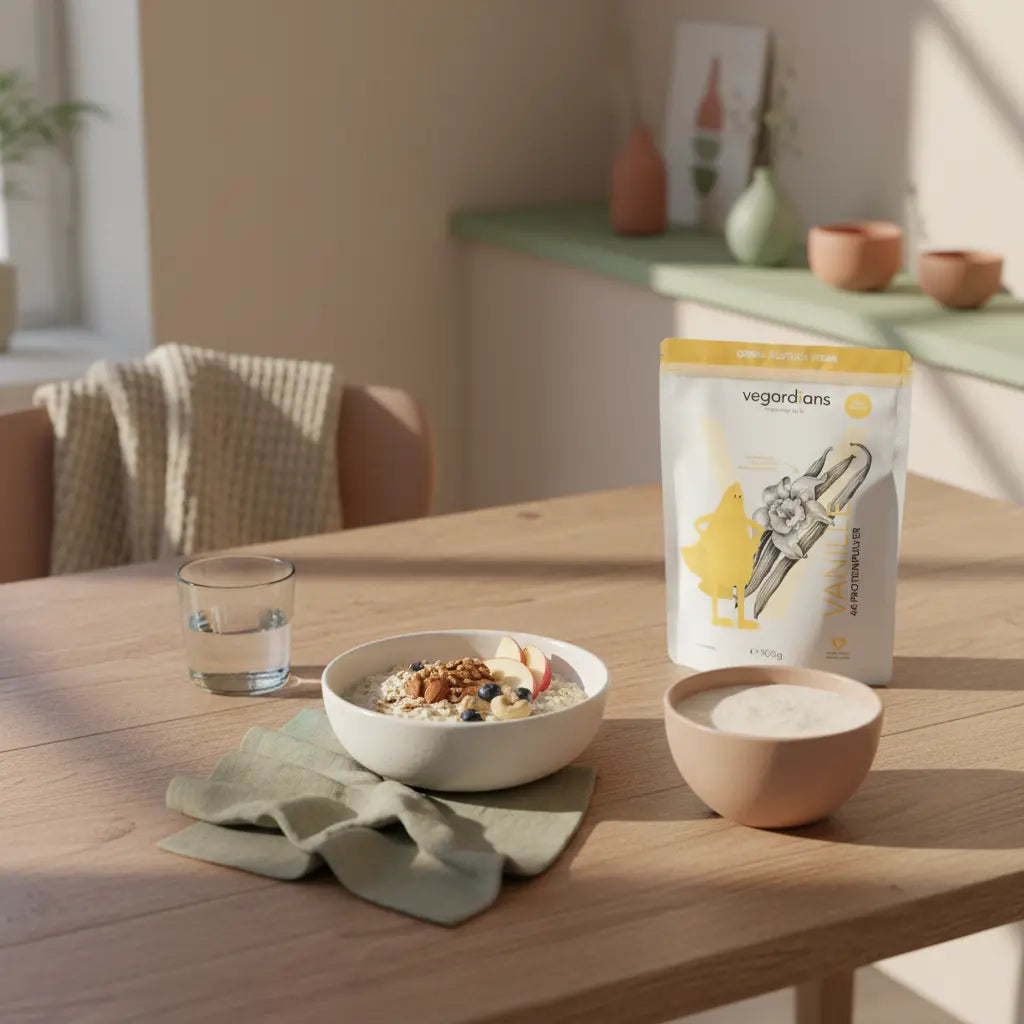Minimalistisches Morgenfrühstück mit Müsli, Obst, veganem Shake und Vegardians‑Produkt auf nachhaltigem Tisch – Darmmikrobiom Abnehmen