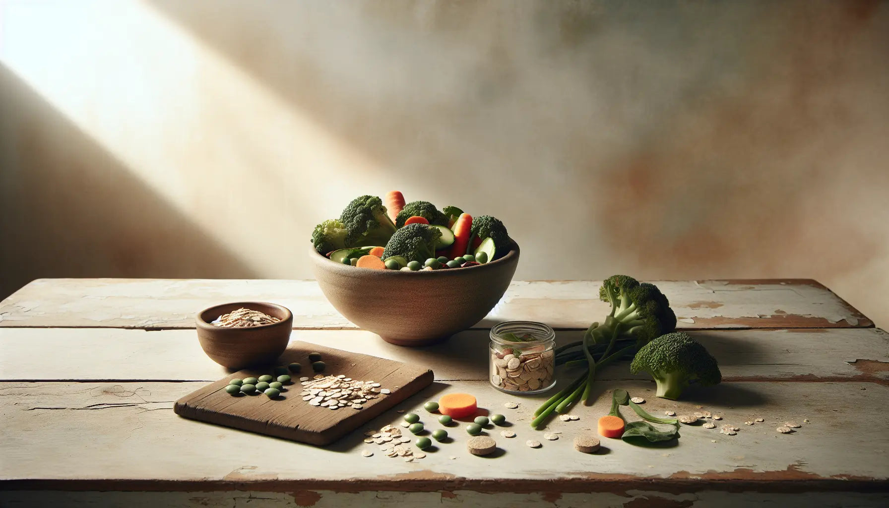 steinzeugschale mit frischem gemuese linsen und pflanzlichen supplementtabletten auf hellem rustikalem holztisch bei tageslicht