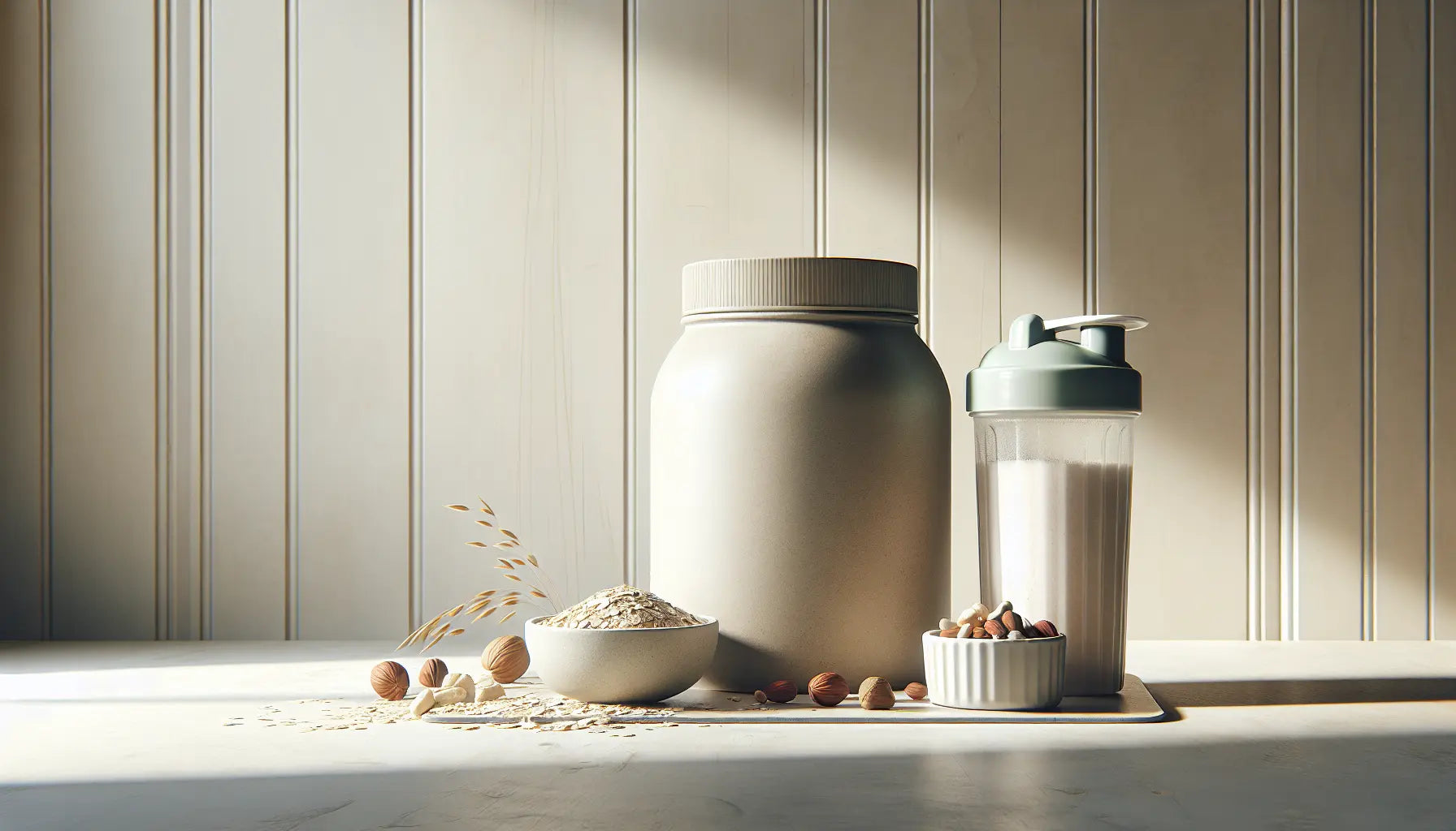 veganes proteinpulver dose klarer shaker kleine schale gemischte nuesse auf hellem holztisch mit sonnigem hintergrund