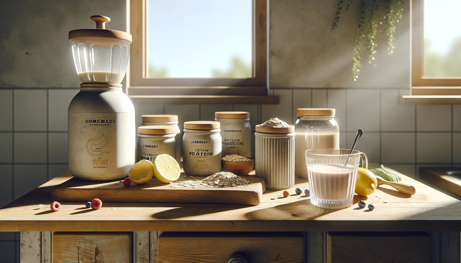 moderner küchentresen mit veganen proteinpulverdosen frischen früchten shaker glas wasser hellem holz und sonniger wand im hintergrund