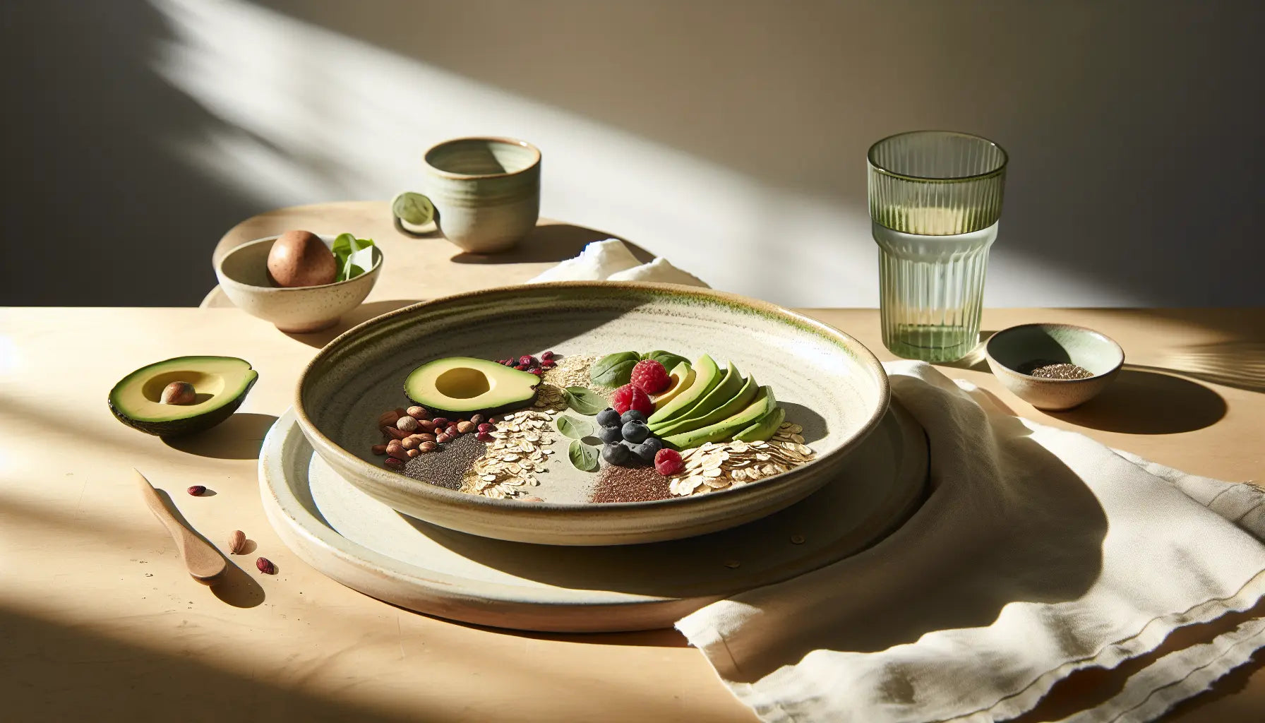 teller mit pflanzlichen lebensmitteln superfoods avocadostuecke haferflocken chiasamen beeren auf hellem holztisch in moderner küche