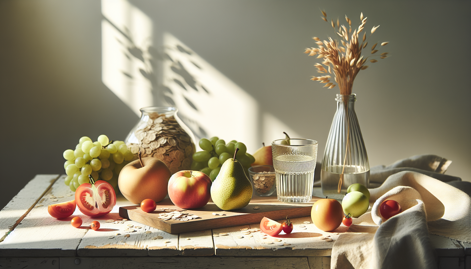 stilleben mit frischem obst gemuese glas wasser auf hellem holztisch bei sonnigem tageslicht naturmaterialien