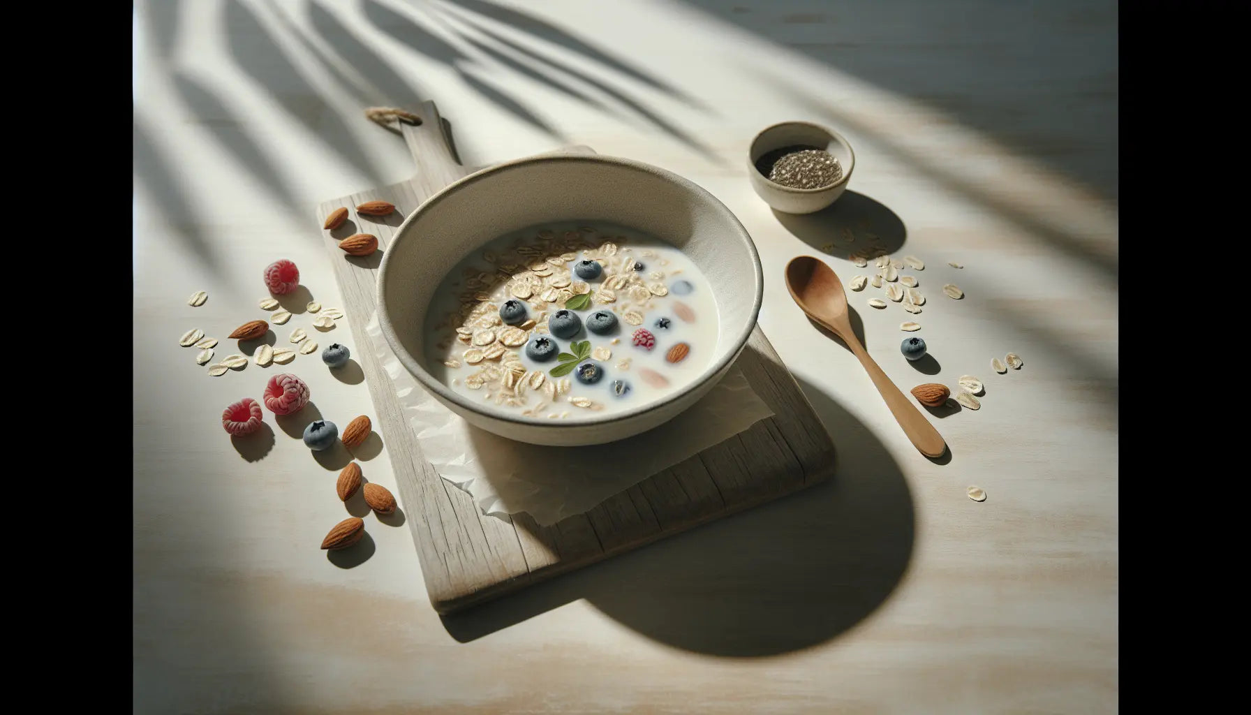weiße schale mit haferflocken mandelmilch chiasamen auf hellem holztisch umgeben von frischen beeren nüssen und pflanzenblatt