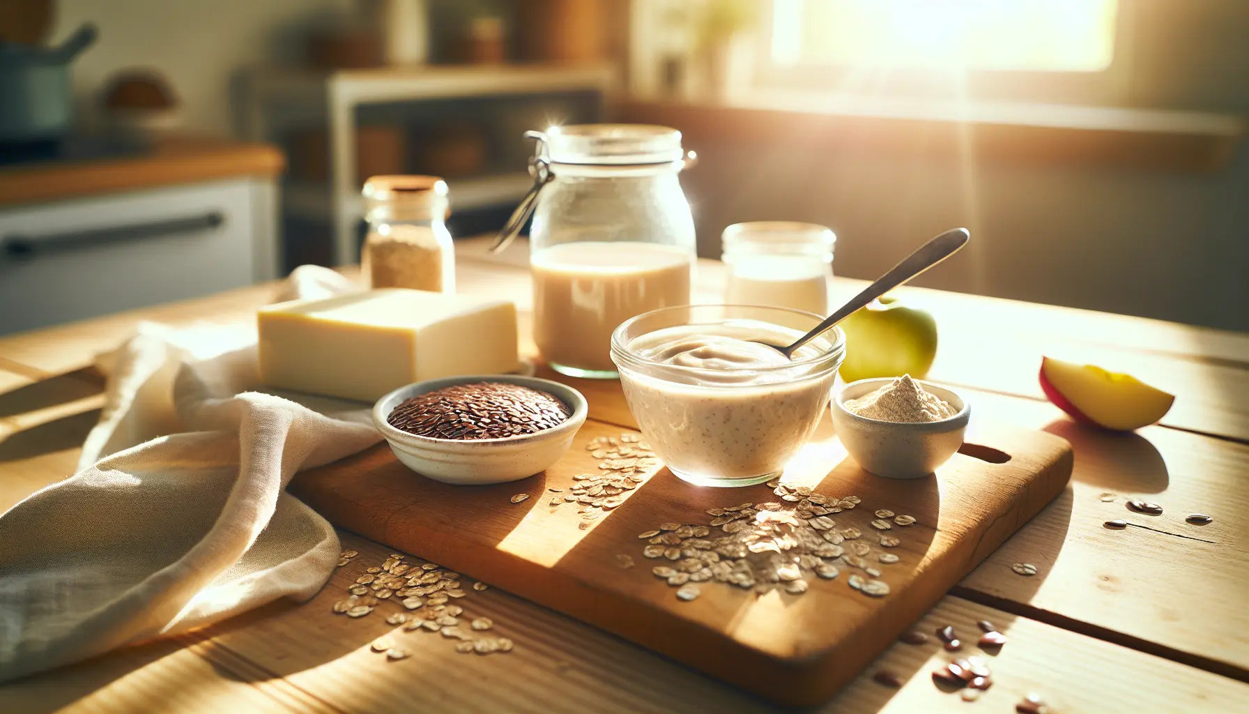 pflanzliche eierersatzstoffe apfelmus leinsamen tofu veganes proteinpulver auf rustikaler holzoberflaeche mit hellem sonnigem hintergrund in küche