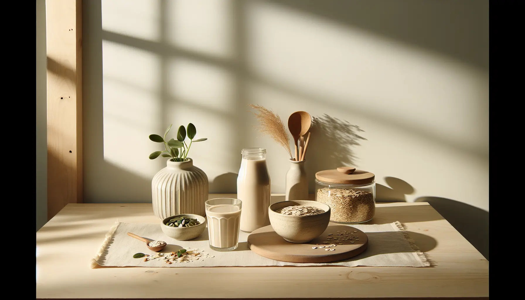 vegane proteinprodukte keramikschale haferflocken glas pflanzlicher proteinshake samen nuessen auf heller holzarbeitsplatte mit weichem cremeuntergrund in heller küche