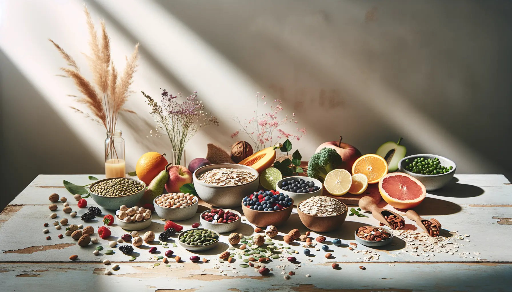 attraktives arrangement von pflanzlichen lebensmitteln hülsenfruechte nuessen samen obst gemuese vegane ernährung