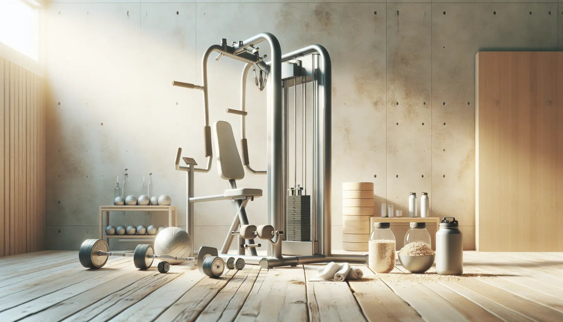 modernes fitnessstudio mit verschiedenen geraeten hellem ruhevollem ambiente und sommerlich freundlicher stimmung