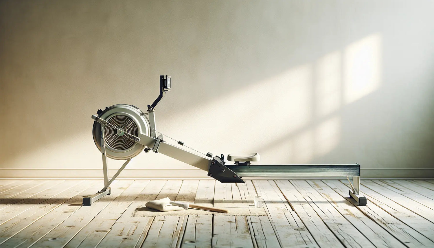 rudergeraet aus metall auf hellem birkenholz boden in hellem raum mit weissem hintergrund und tageslicht