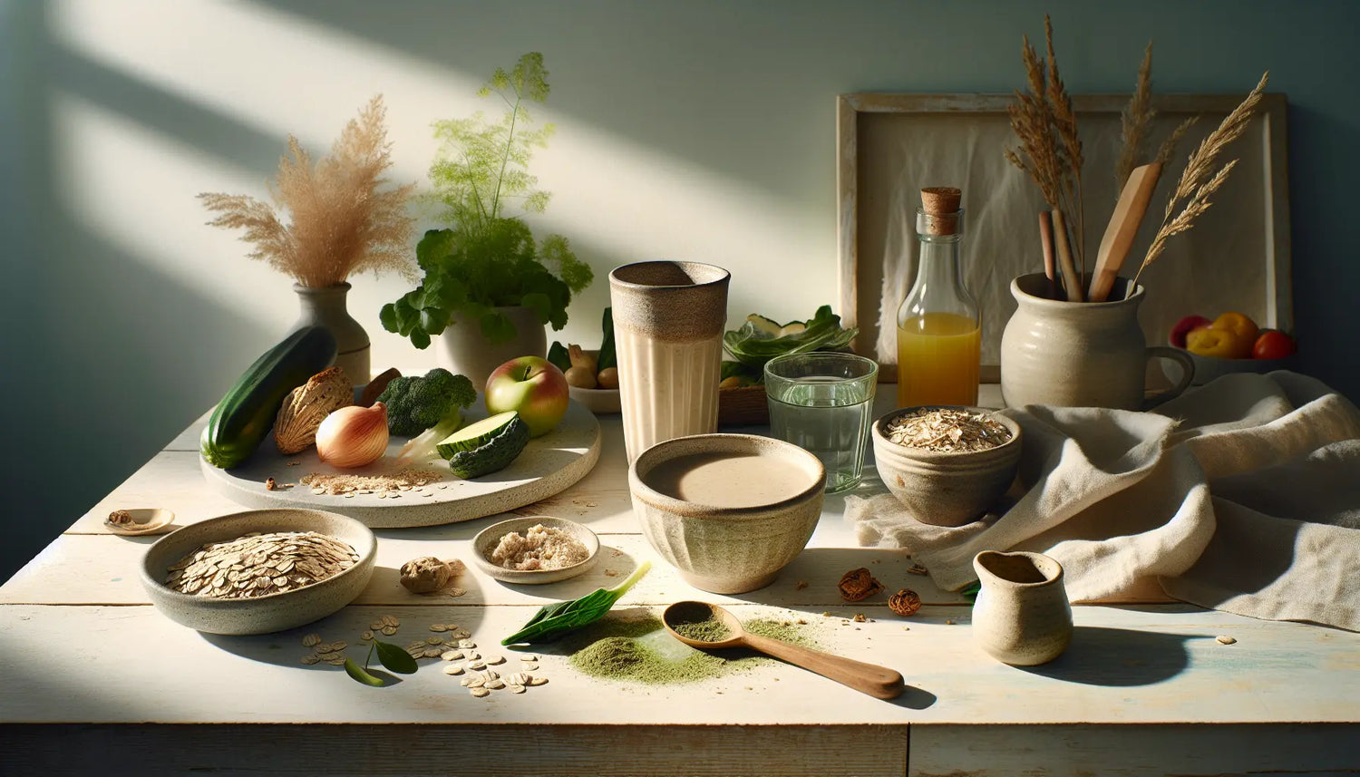 ausgewogene vegetarische mahlzeit mit gemuese vollkorn und pflanzlichem protein auf hellem rustikalem holztisch mit keramiktasse und glas wasser