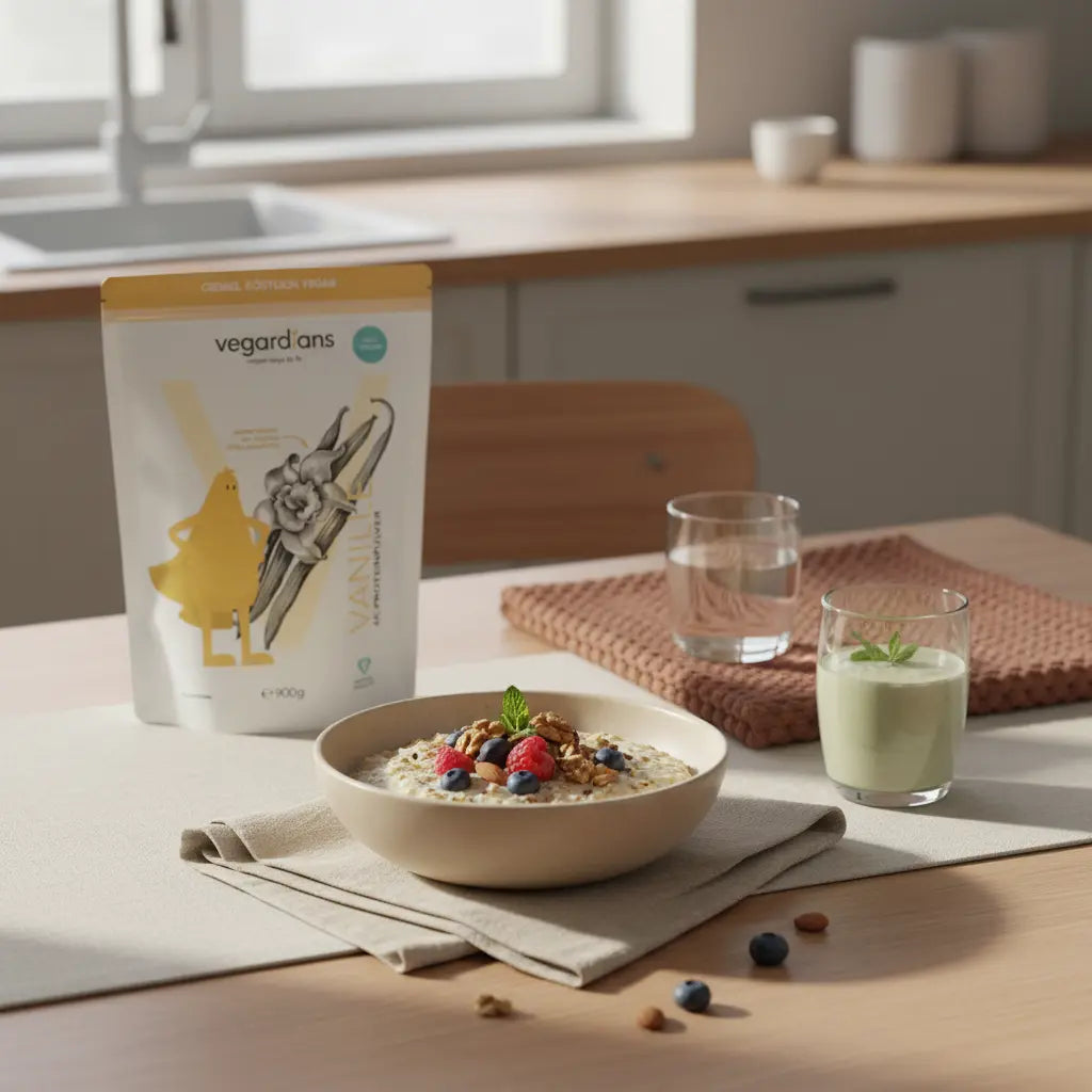 Minimalistisches Frühstück in europäischer Küche bei Morgenlicht: Haferbrei mit Nüssen und Beeren, Glas Wasser, pflanzlicher Proteinshake, dezentes Produkt aus Referenzfotos – detox abnehmen